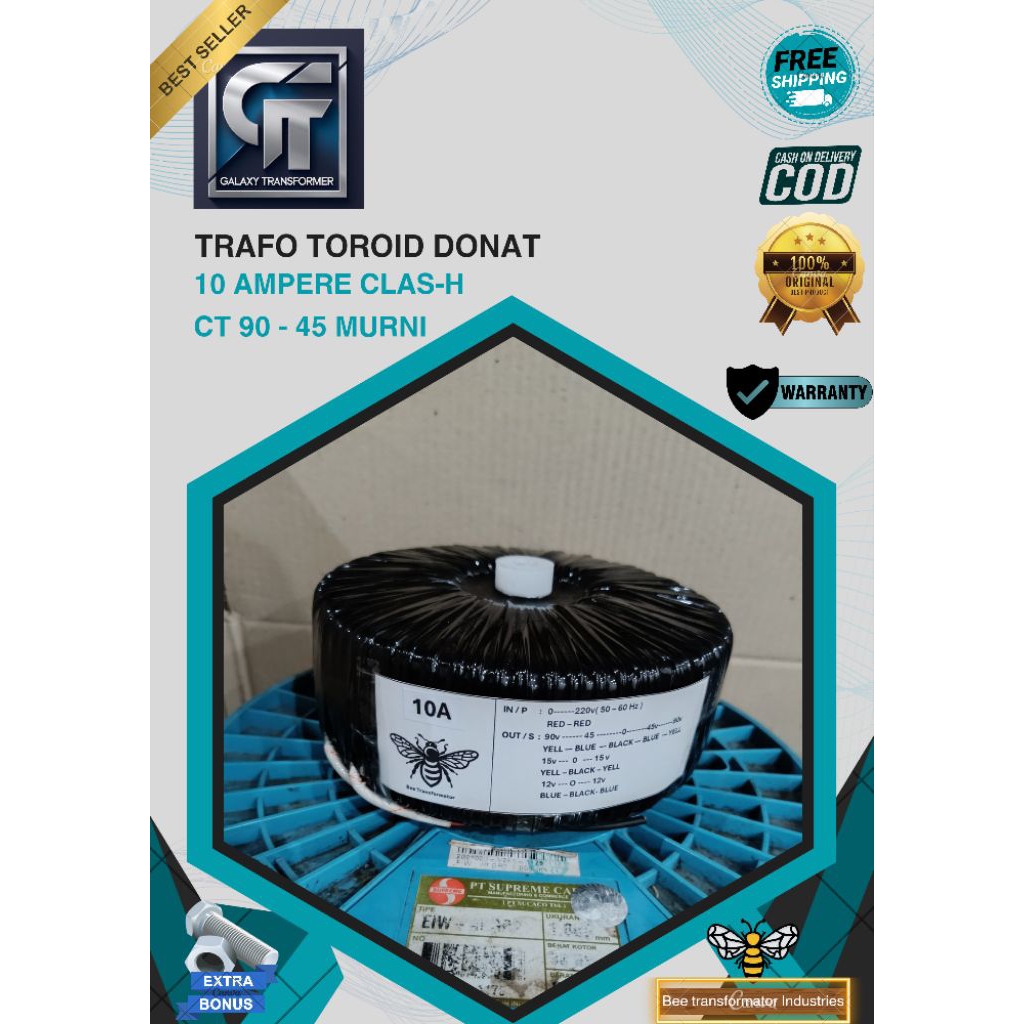 trafo toroid donat 10A CLASS H CT 90V - 45V murni