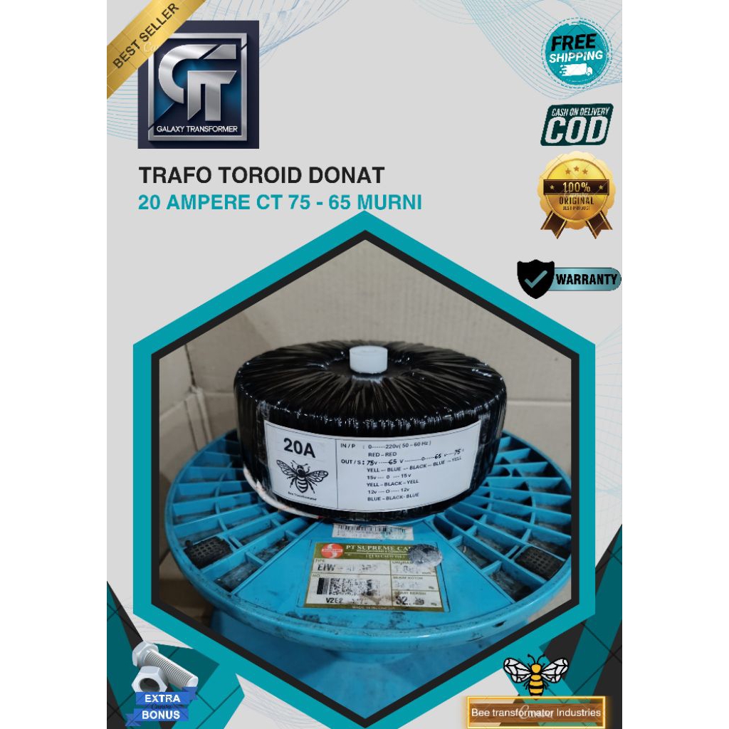 trafo toroid donat 20A CT 75V - 65V murni