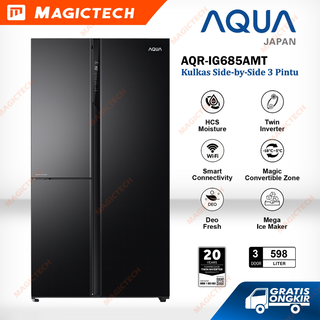 AQUA AQR-IG685AMT Kulkas 3 Pintu 562 L Side By Side – Twin Inverter, Smart Control, Deo Fresh