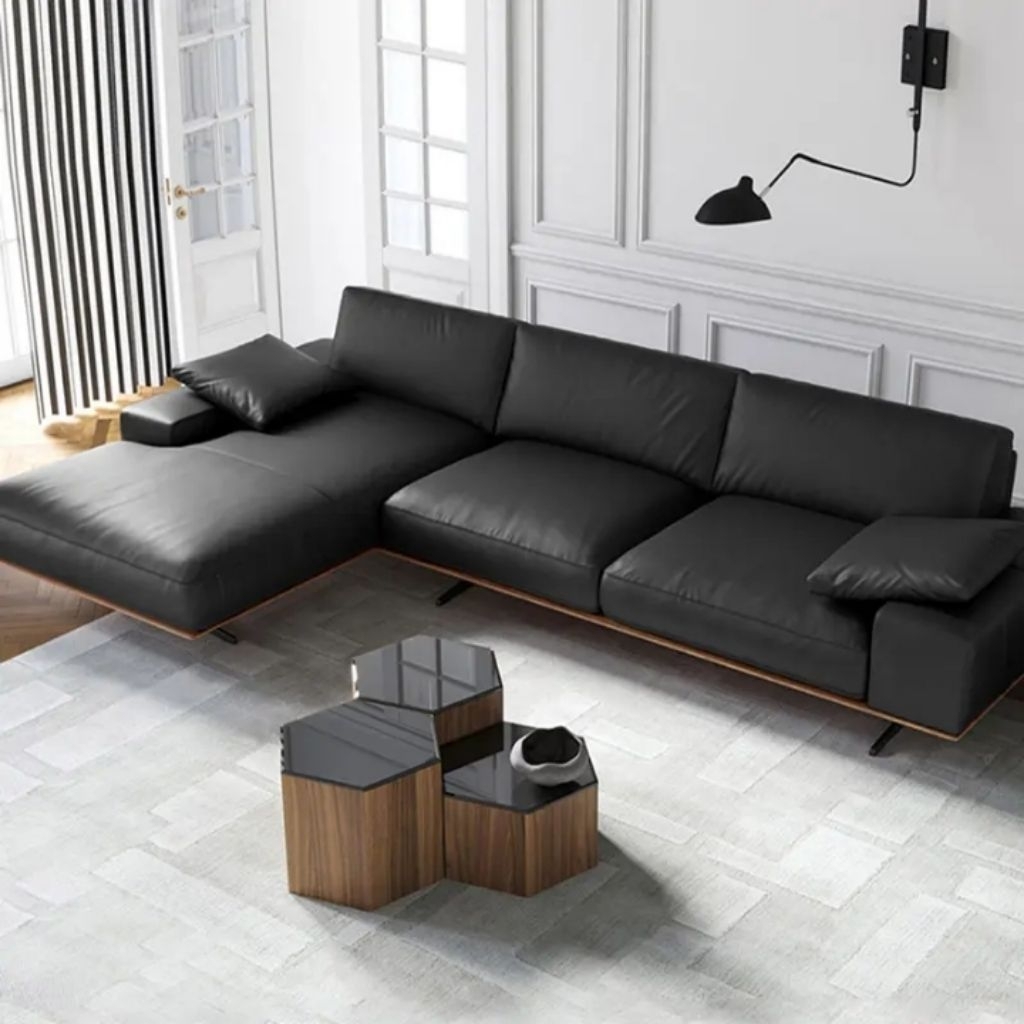 sofa kulit minimalis L shape mewah dan elegant untuk ruang tamu modern