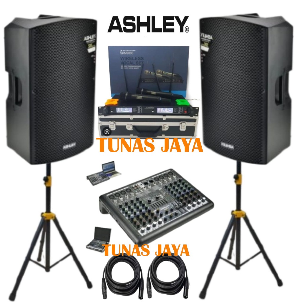 Paket Sound System Ashley AR500 15 Inch 500 Watt Komplit Mixer Ashley SMR8 8 channel Dan Mic Wireles