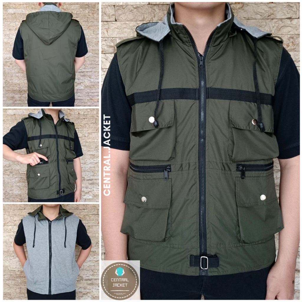 Jaket Rompi Katun Topi Multifungsi untuk Pria - Vest Outdoor dengan Bahan Taslan Nyaman dan Banyak K
