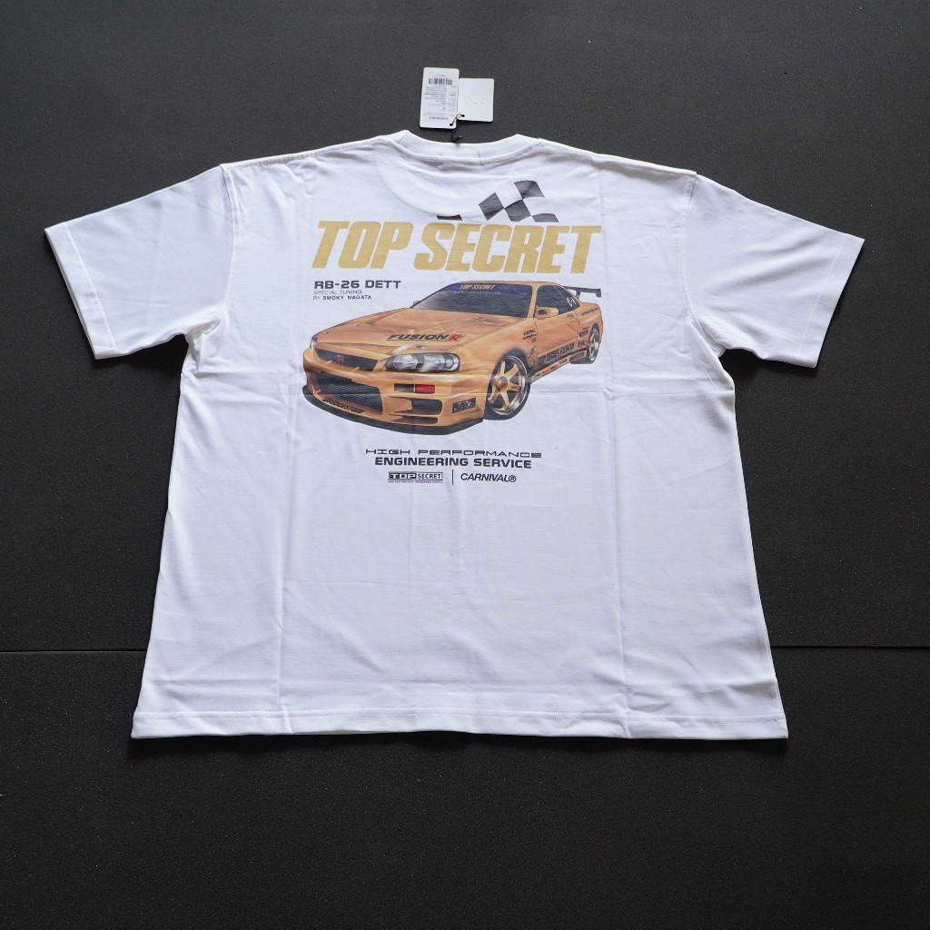 Kaos T-shirt OVS Carnival x Top Secret R34 GTR White sz M LD60cm Original Jepang