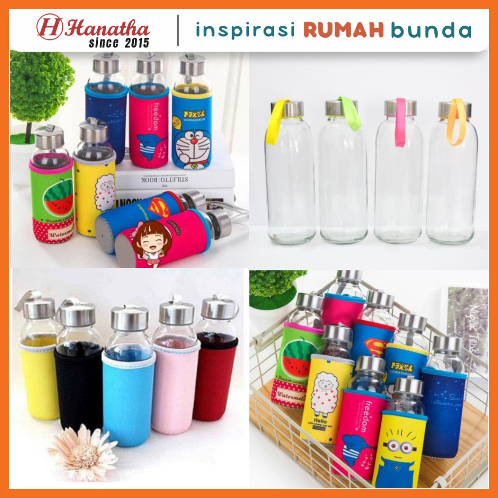 Botol Tumbler Kaca Bening Polos 300ml + Pouch Polos Karakter Botol Minum Botol Tumbler Botol Kaca Tr