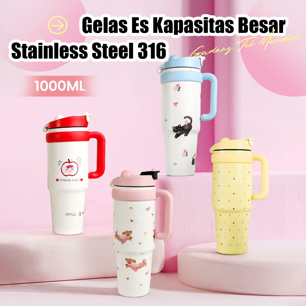 tumbler stainless botol minum aesthetic Gelas Es Berkapasitas Besar 1000ml dari Baja Tahan Karat 316