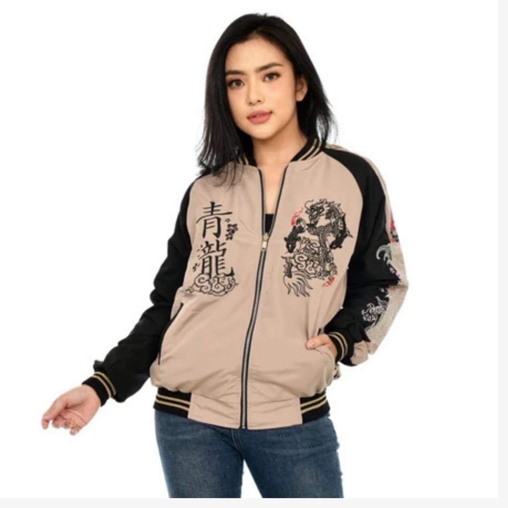 Jaket Pria Keren Motif Naga Jepang Bomber Satin Street Style