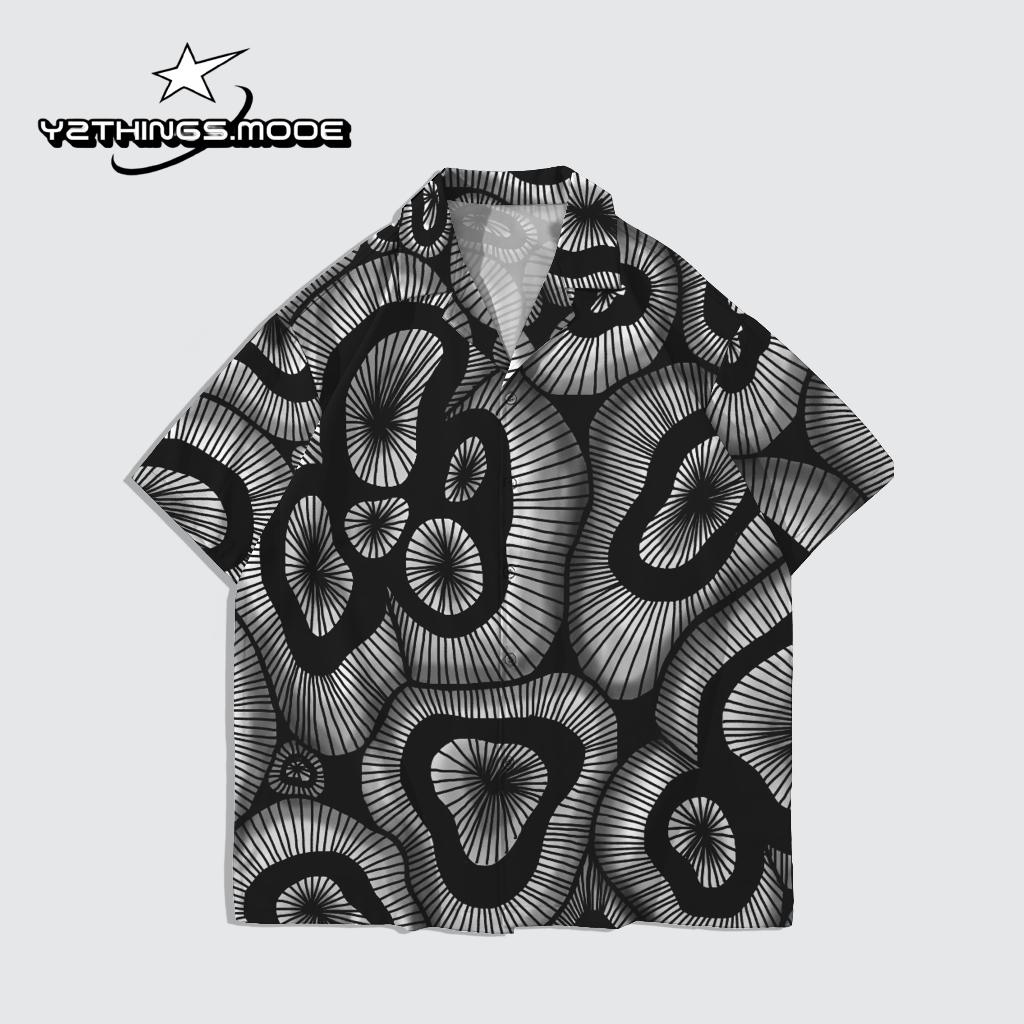 Y2THINGS Kemeja Lengan Pendek Motif Abstrak Bunga Hitam Putih – Shirt Aesthetic Psychedelic Kekinian