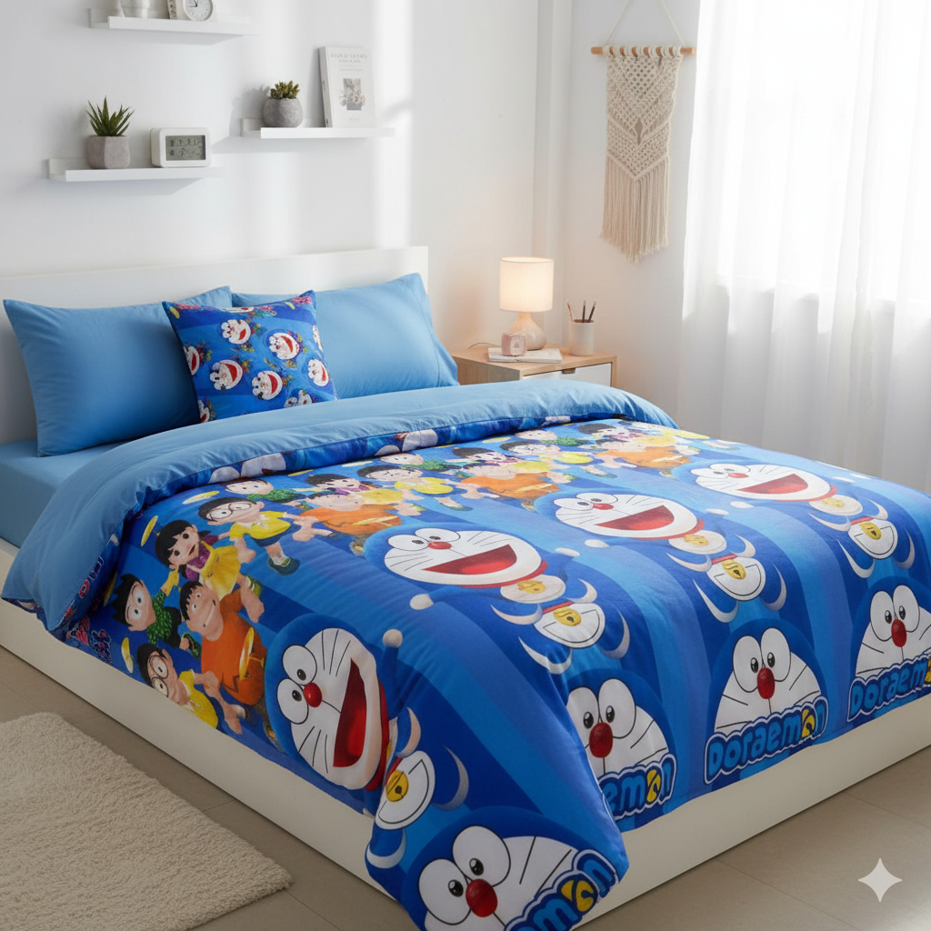 Bed cover selimut Doraemon and Friends Karakter Lucu – Motif Kartun Warna Cerah Lembut & Hangat (180
