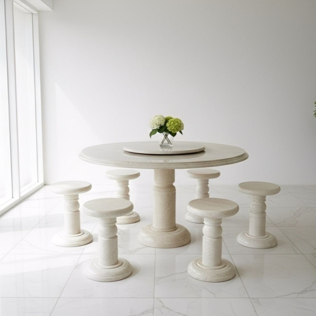 Meja Makan Bundar Putar Marmer dan Enam Kursi Bundar Marmer