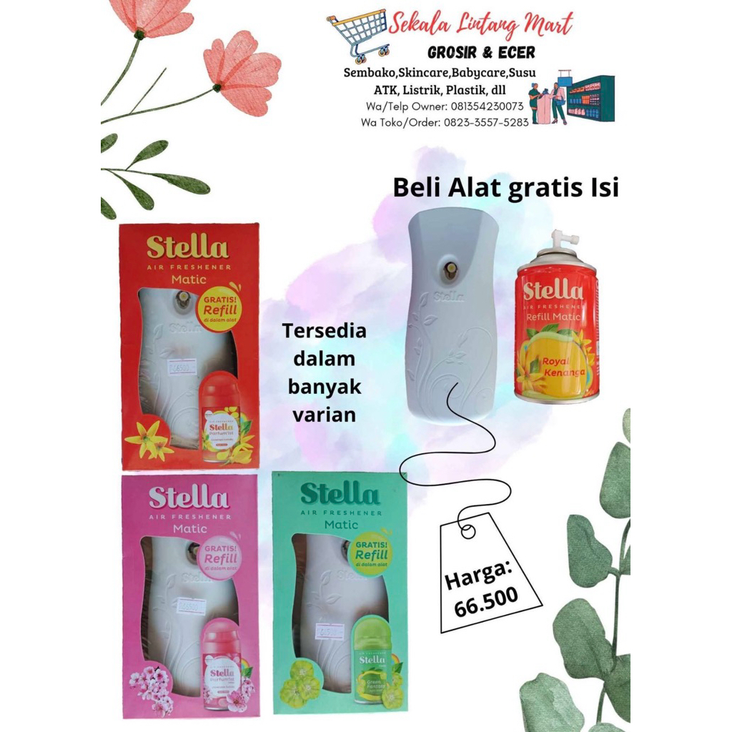 Stella Matic Air Freshener Alat + Refil 225 ml + Baterai Pengharum Ruangan Semprot Otomatis Set Box 