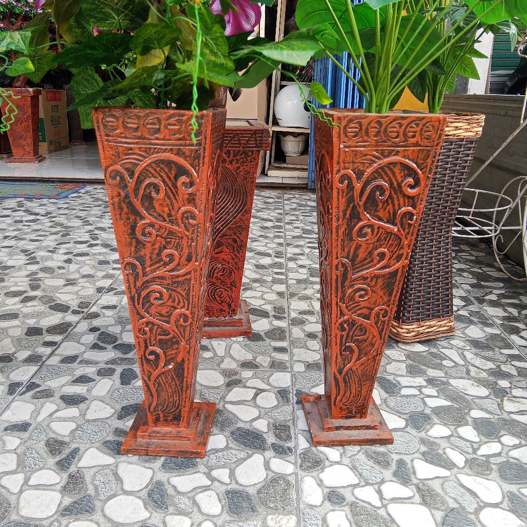 Vas kayu tinggi 50 cm pot bunga minimalis
