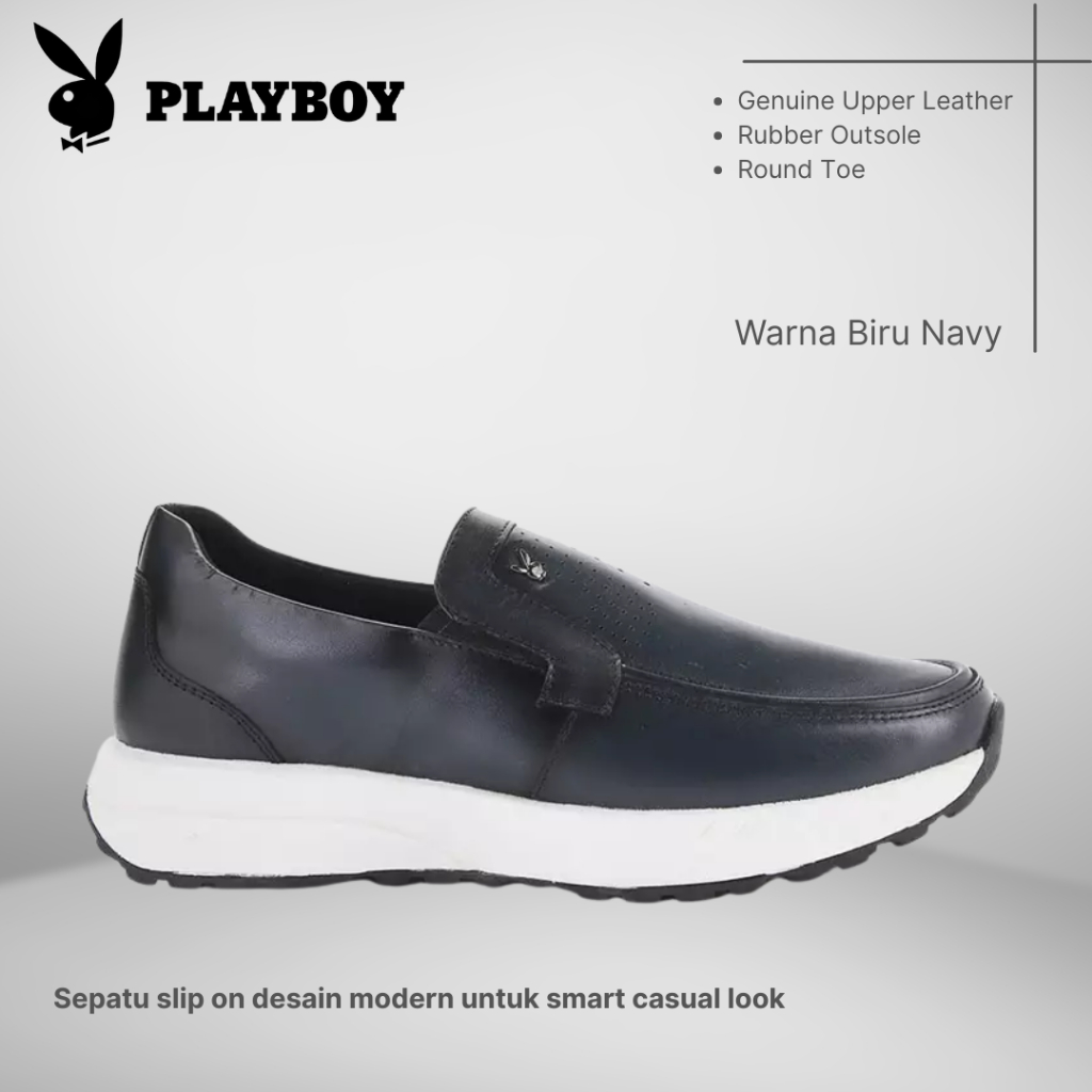 SEPATU PLAYBOY ORIGINAL SLIP ON KULIT CASUAL PRIA BIRU NAVY PL18