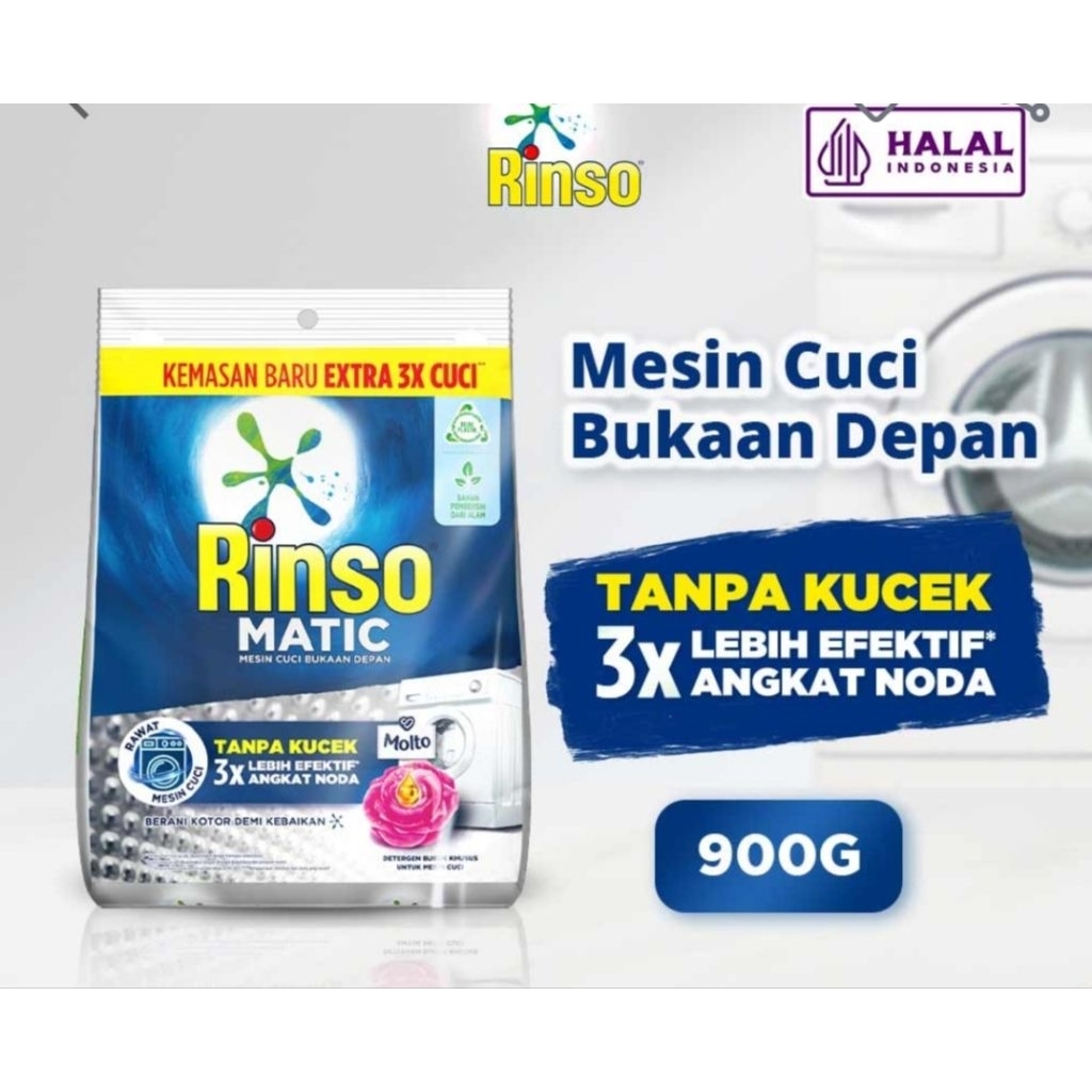 Rinso Matic Front Mesin Cuci Bukaan Depan 900 gram // Deterjen Bubuk Rinso Matic 900 gram