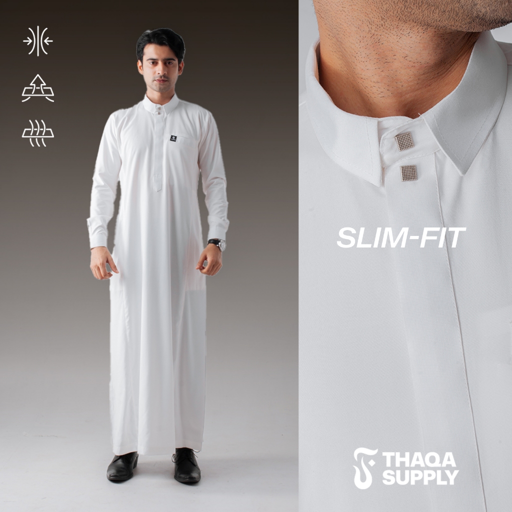 THAQASUPPLY | Jubah Pria Muslim Formal Slim Fit Thobe Lengan Panjang Arsan Series Putih