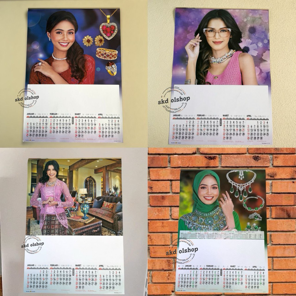 Kalender Tahun 2026  artis perhiasan Ao catur wulan 3 lembar 4 bulanan ukuran 38x54 cm