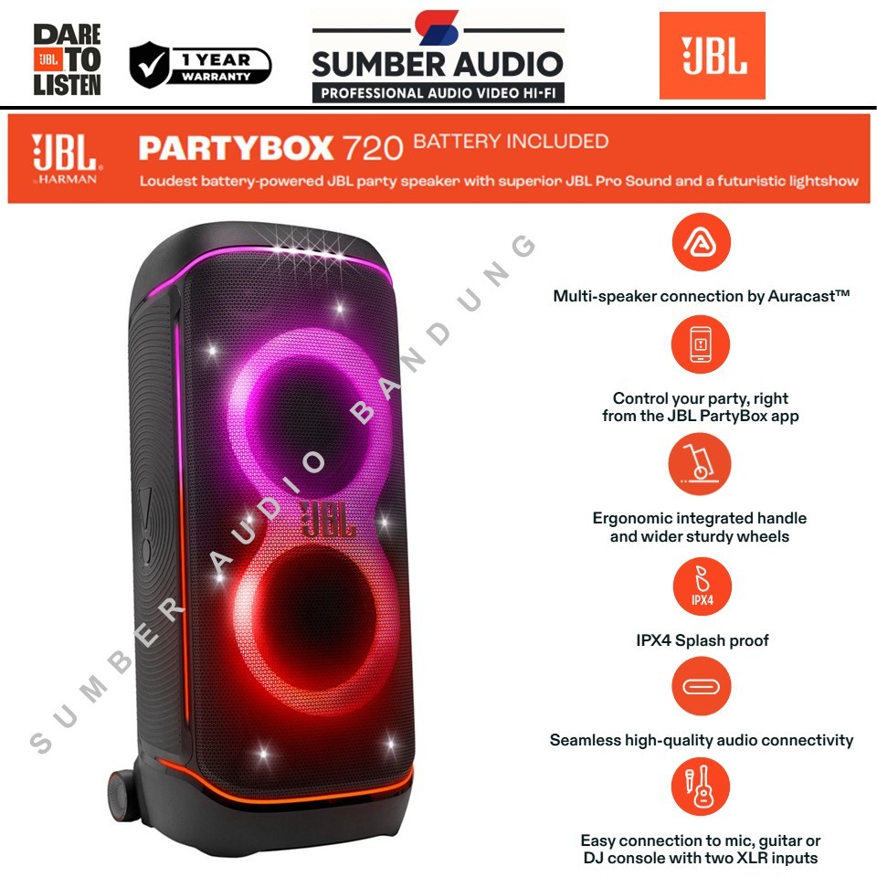 JBL PartyBox 720 Speaker Portable JBL 720 Power 800W (RMS) dengan dua woofer 9 inci dan dua tweeter 