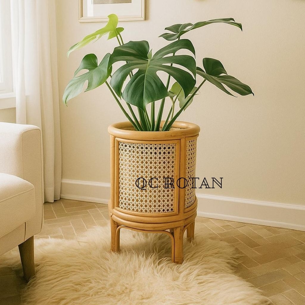 Pot bunga standing rotan estetik/cover pot bunga rotan