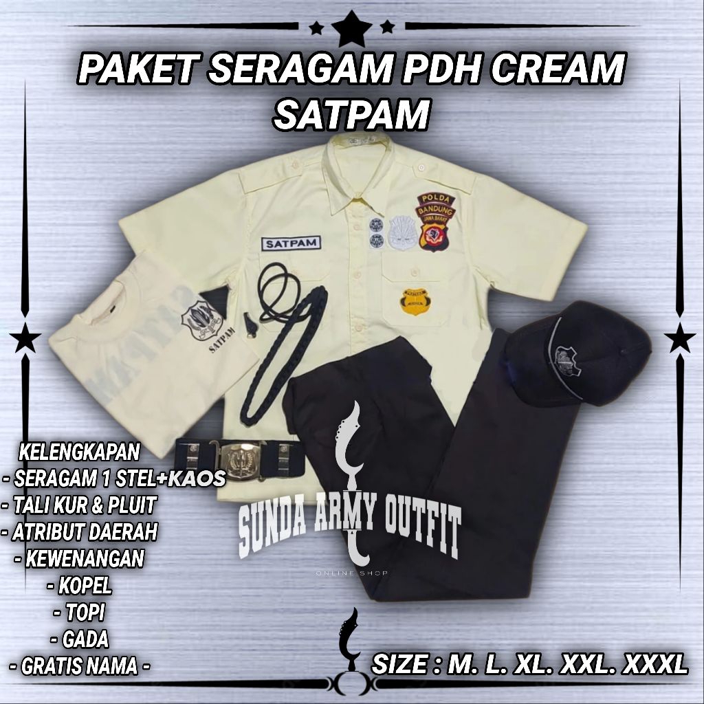 PAKET BAJU SERAGAM PDH SATPAM SECURITY LENGKAP TERBARU / SETELAN PDL PDH SATPAM CREAM / BAJU PDL SAT