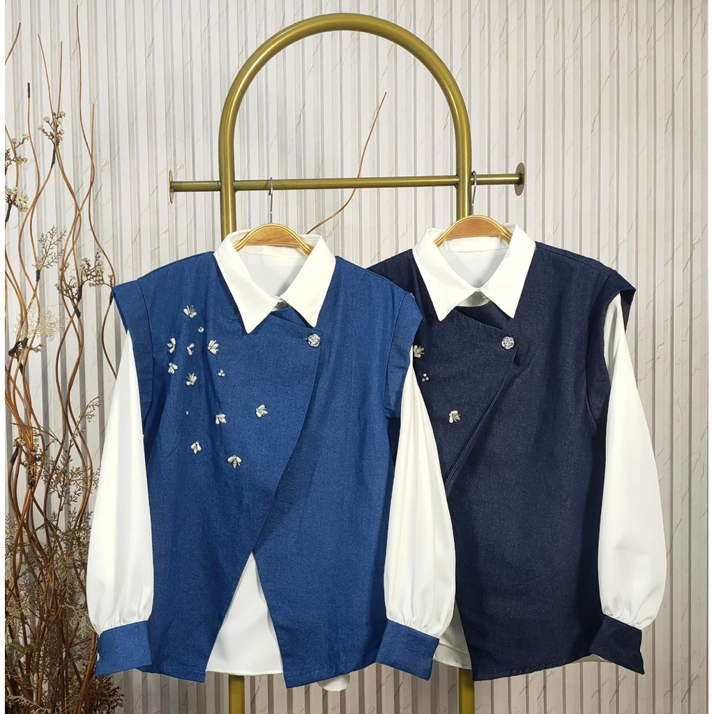 Set Rompi 1083 Jeans Bordir Bunga dan Kemeja Shakila Wanita Allsize