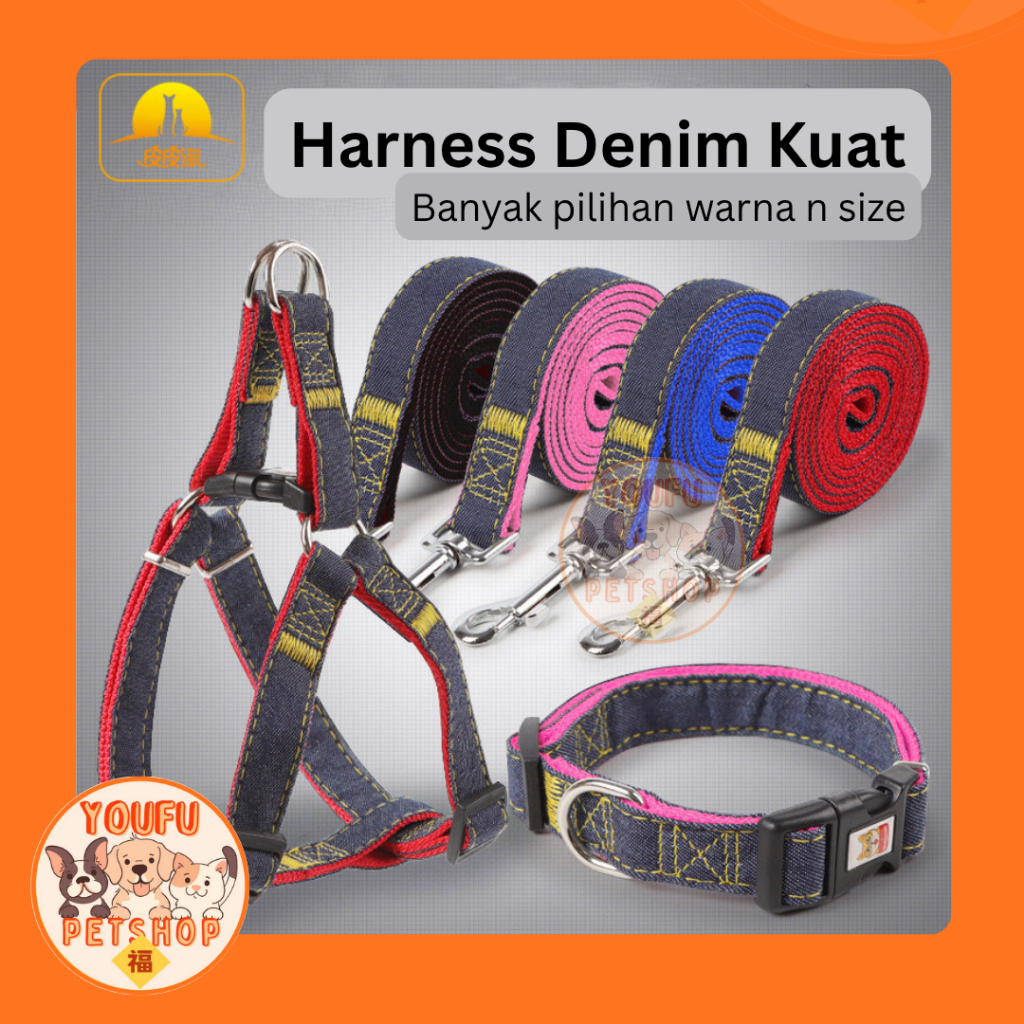 Tali Tuntun Anjing Kucing Denim Murah Harness Anjing Kuat