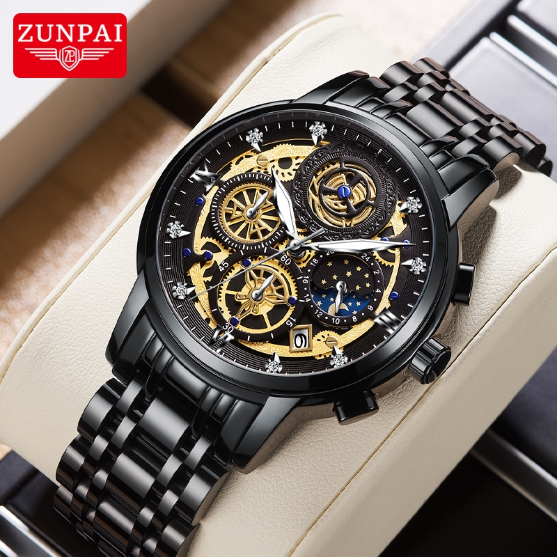 ZUNPAI Jam Tangan Pria Asli Anti Air Baja Tahan Karat Bisnis Bercahaya Kronograf Fashion Multifungsi