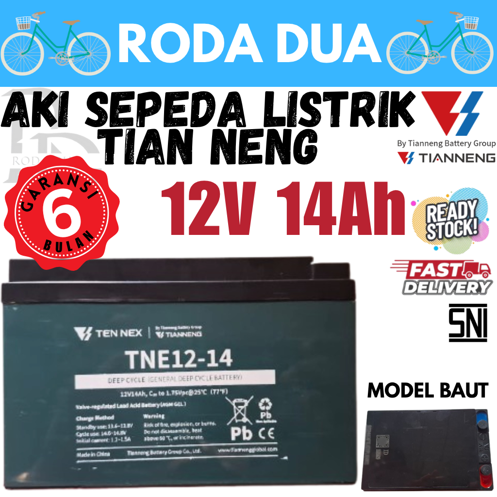 AKI KERING SELIS SEPEDA LISTRIK MERK TIENNENG MODEL BAUT 12V/14AH GARANSI 6 BULAN - PAKET 1 BIJI. P: