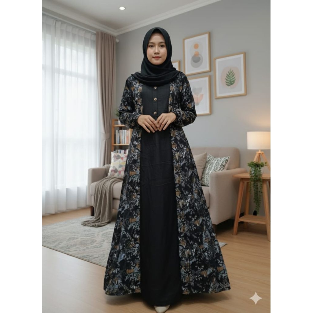 Sahara dress gamis dewasa busui bahan rayon twill viscose motif bunga etnik abstrak model terbaru ke