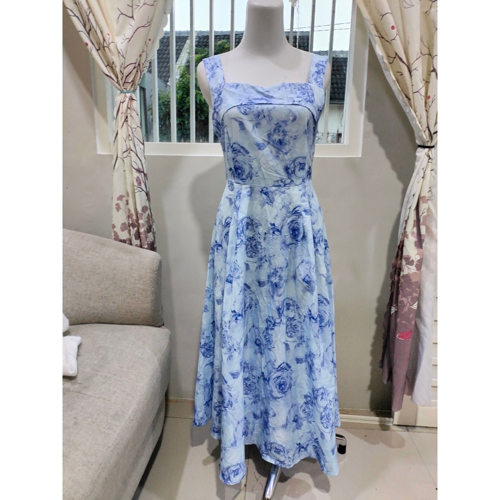 long dress pantai-dress panjang santai-dress panjang motif biru laut