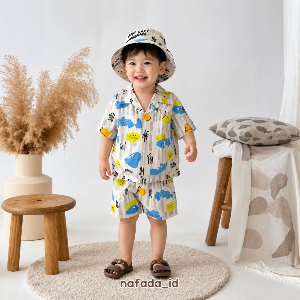 Setelan lucu anak plus topi laki - laki dan perempuan outfit liburan pantai usia 1-6 tahun bahan pol
