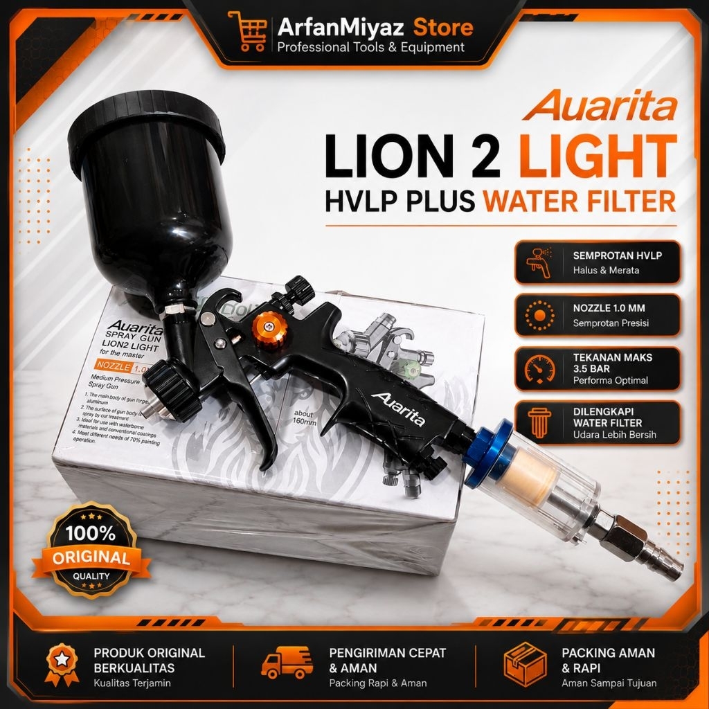 Alat Semprot Cat Auarita Lion 2 Light HVLP Plus Filter – Nozzle 0.8 / 1.0 mm – Untuk Mobil Motor