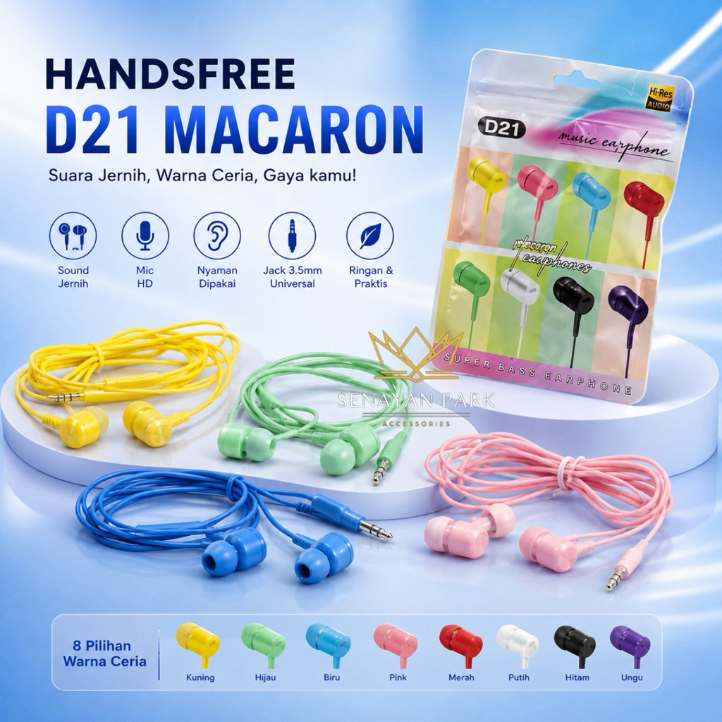 Handsfree Earphone Headset D21 Macaron With Mic Packing Klip Plastik [SEN]