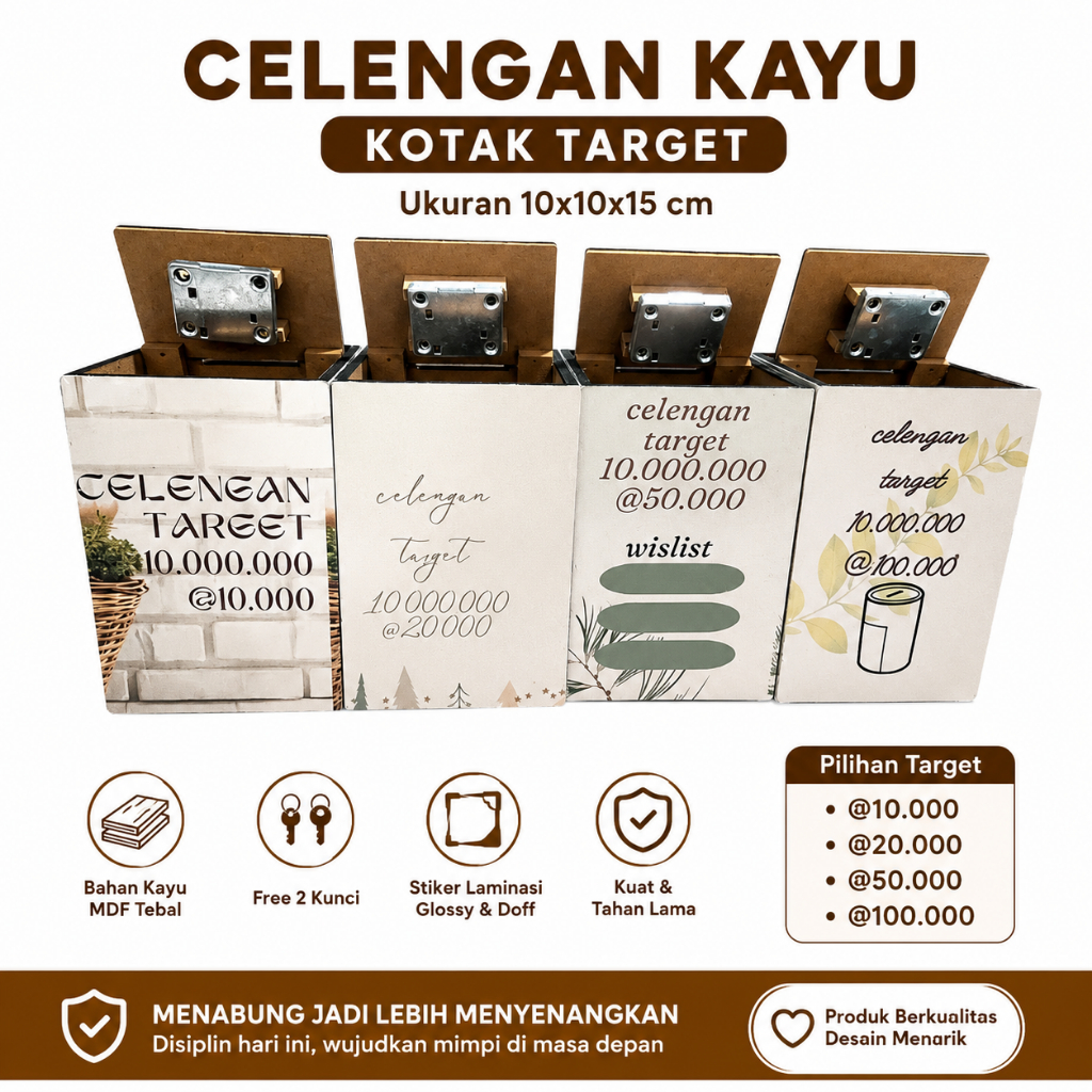CELENGAN TARGET 10 JUTA 15 JUTA 20 JUTA CELENGAN PERMANEN BUKA TUTUP CELENGAN KAYU + KUNCI