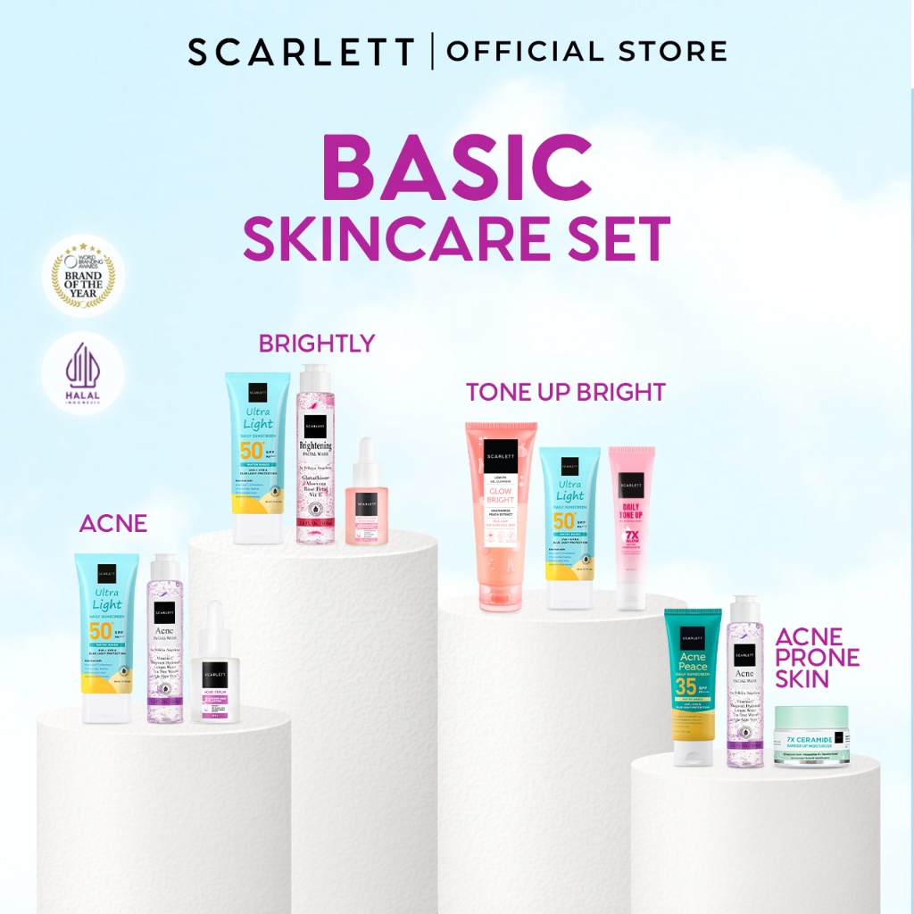 SCARLETT Paket Basic Skincare Cleanser + Moisturizer + Serum + Sunscreen Mencerahkan Wajah Menghilan