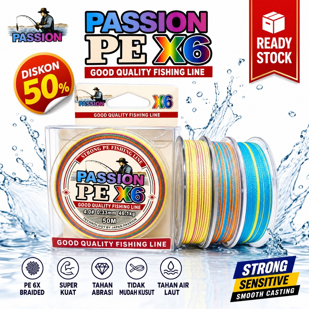 50M Tali Pancing PE X6 Tahan Abrasi Senar Pancing Sensor Bright NEO Super Kuat Tarik Senar Pancing S