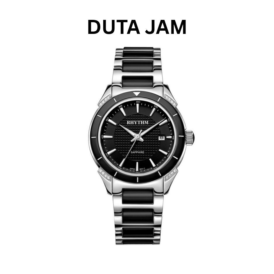 JAM TANGAN WANITA RHYTHM F1207 T02 F1207T02 ANALOG SILVER BLACK  CERAMIC STAINLESS STRAP