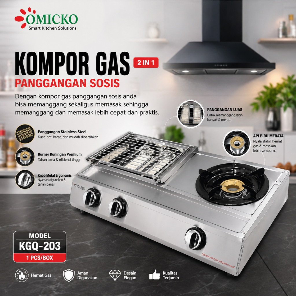 OMICKO Kompor Gas Panggang 2 in OMICKO 2 IN 1 KGQ 203 Kompor Panggangan