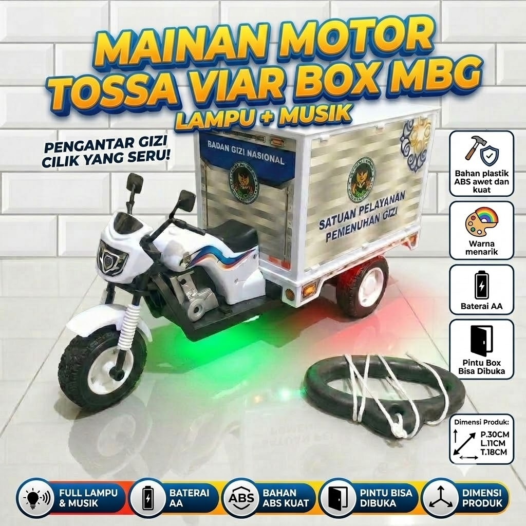 Mainan Anak Motor Viar Roda 3 Box MBG dan MODIF Ada Lampu Musik Mainan Tossa Box MBG SPPG Mirip Asli