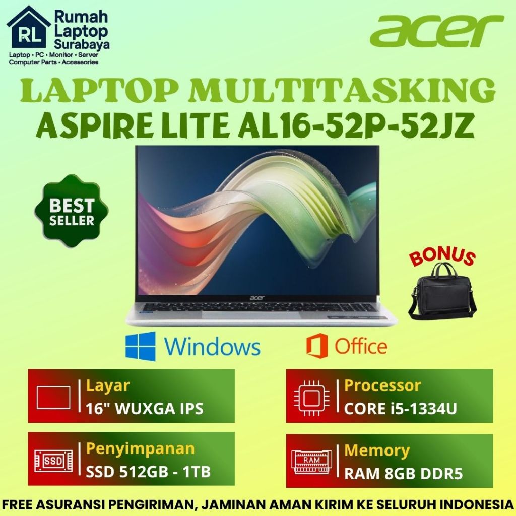 TERBARU Laptop Acer Aspire Lite 16 - 52JZ Core i5 - 1334U Ram 8GB SSD 1TB 16" IPS - Laptop bisnis
