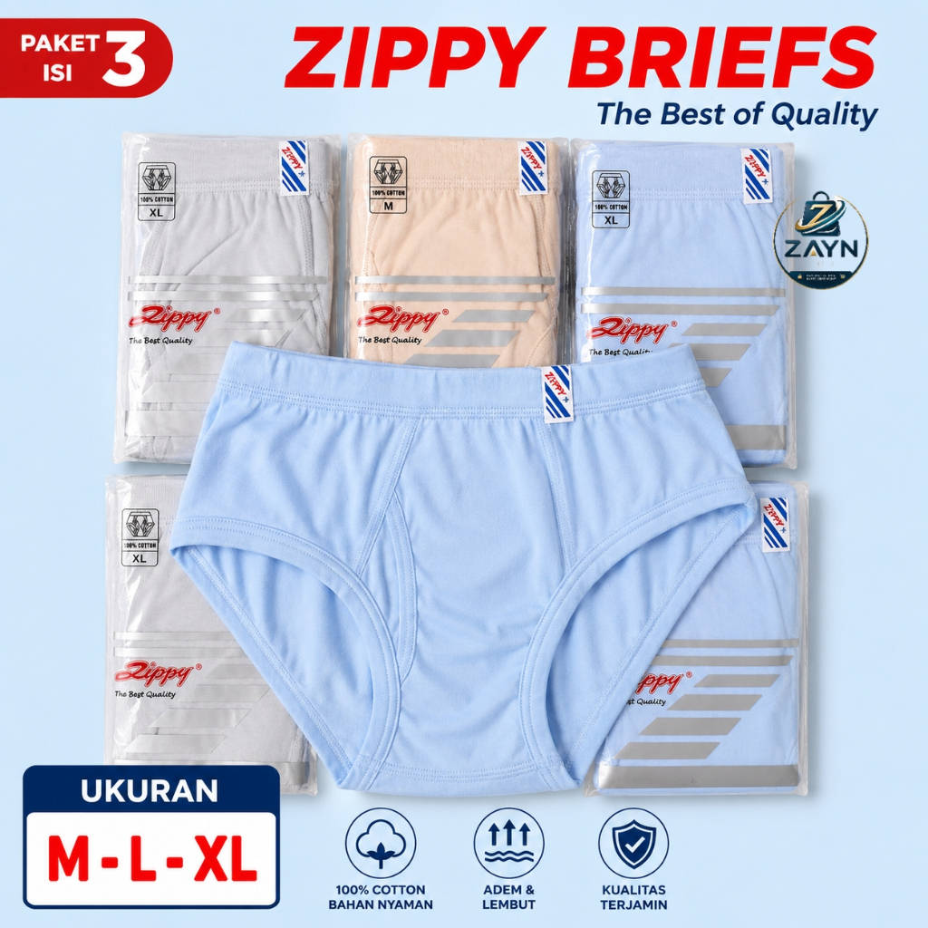 [ 3 PCS ] Cd Zippy Pria Dewasa 100% Katun Asli | Celana Dalam CD Zippy Laki Laki Bahan Lembut Nyaman
