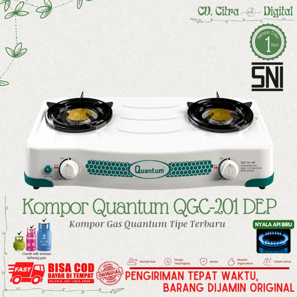 Kompor Gas Quantum 2 Tungku Elektrik QGC-201 DEP Tanpa Timer / Burner Kuningan / Kompor Quantum