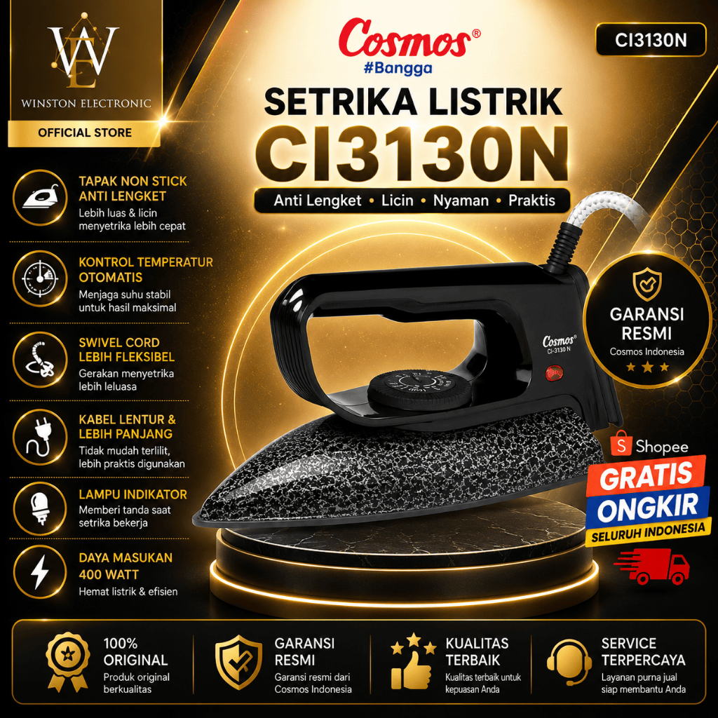 SETRIKA LISTRIK COSMOS ANTI LENGKET CI3130N/CI-3130N/CI-3130-N/CI 3130N/ORIGINAL BERGARANSI RESMI