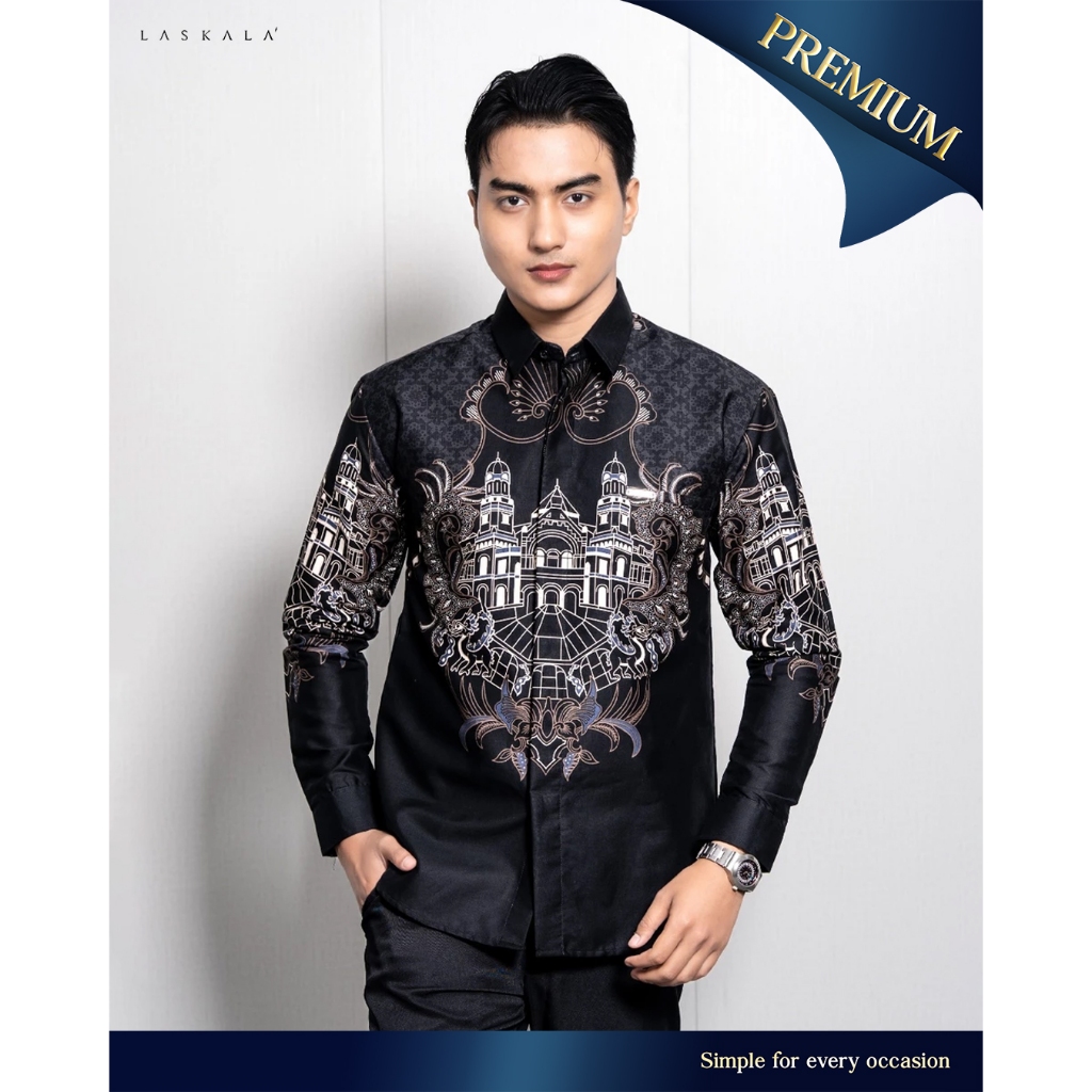 Laskala Batik Premium Lawang Sewu Black Kemeja Batik Pria Slimfit Lengan Panjang