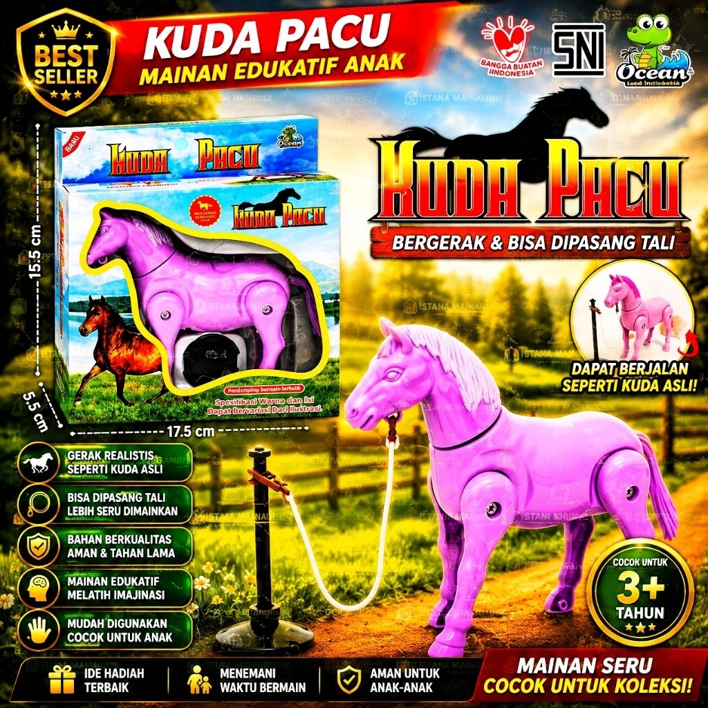 Kuda Pacu Mainan Anak Bisa Jalan dengan Tali Penuntun | Mainan Kuda Edukatif Plastik | Hadiah Anak 3