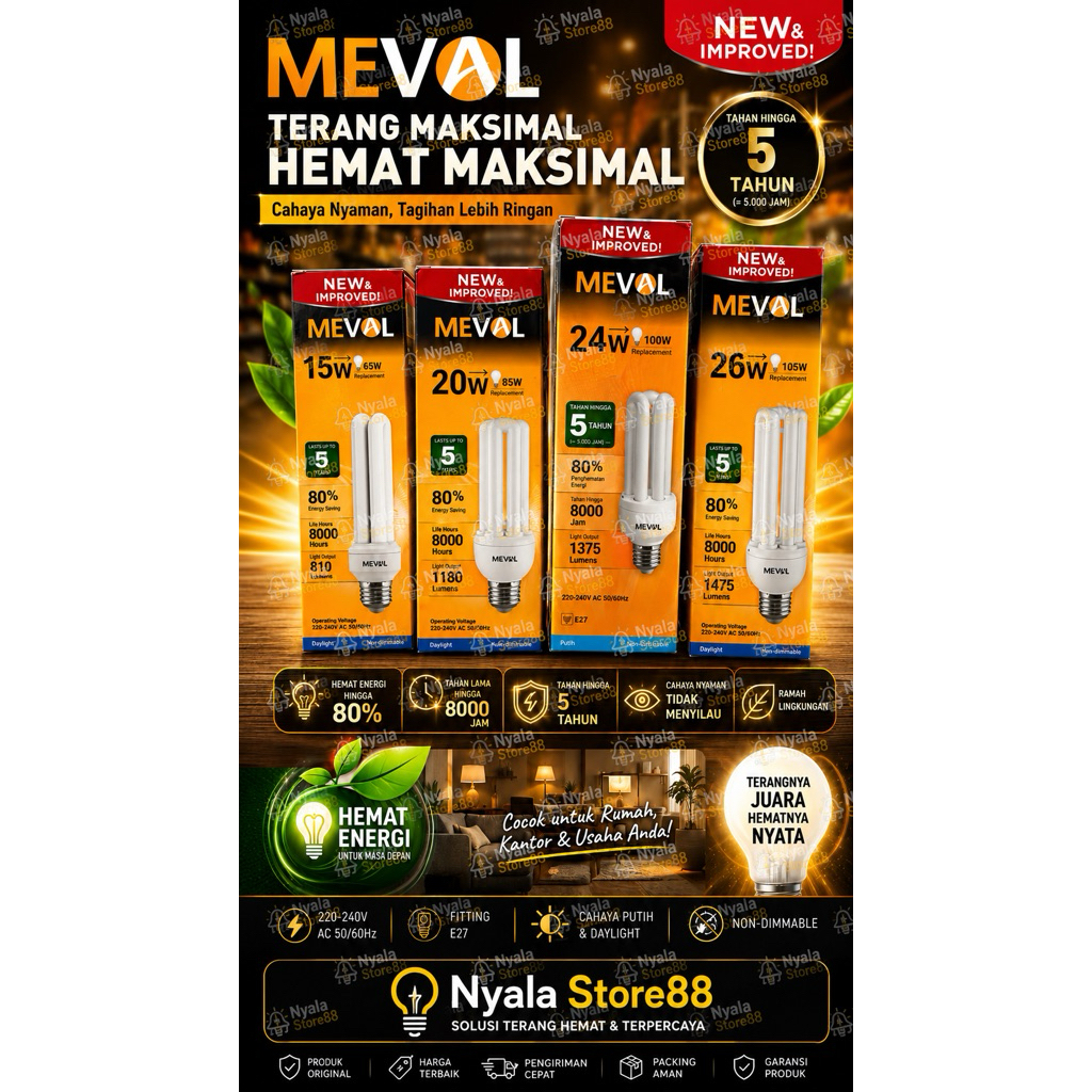 Lampu Meval CFL Spiral E27 15W 20W 24W 26W Bohlam Hemat Energi Cahaya Putih Daylight Original