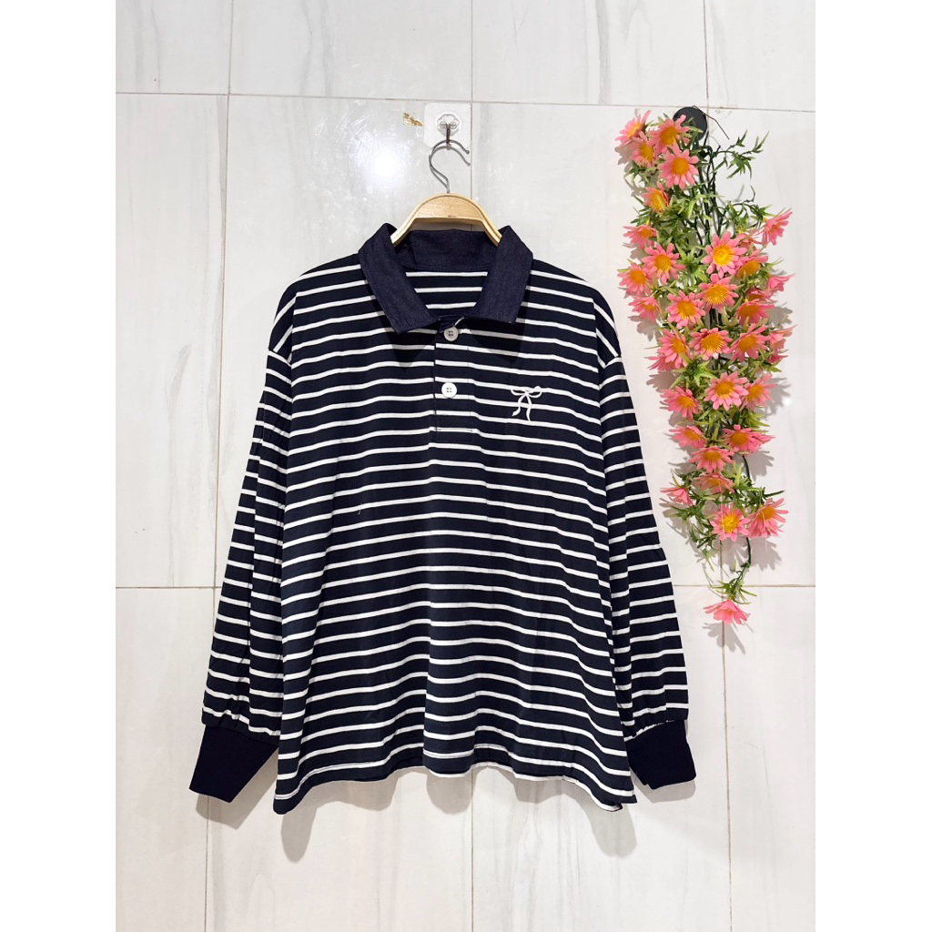 kaos polo stripe jumbo wanita kaos import kaos salur oversize kaos polo salur wanita kaos kerah deni
