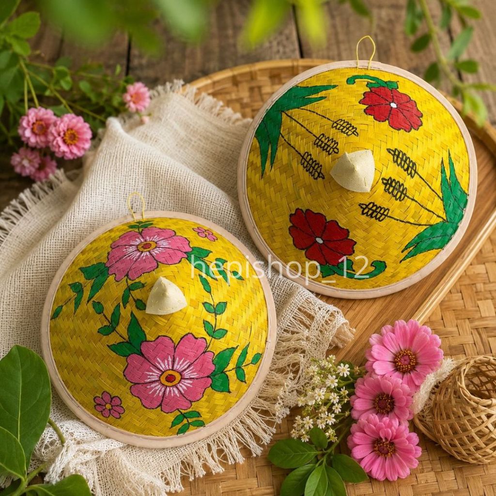 Caping petani motif lukis bunga | caping topi petani anyaman bambu lukis