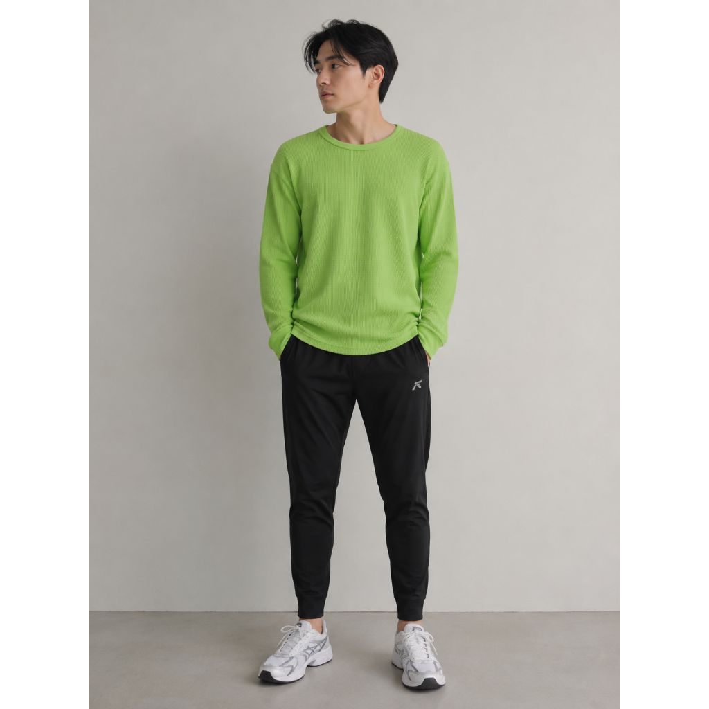 (RARE ITEM) MEN'S UNIQLO HEATTECH WAFFLE LONG SLEEVE REGULAR T SHIRT CREW NECK HIJAU STABILO L