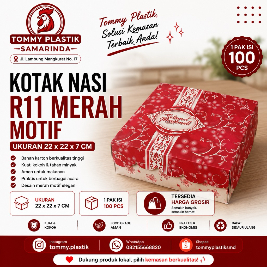 Kotak Nasi R11 Merah Motif 22x22x7 cm Box Nasi Kertas Food Grade Dus Makanan Isi 100 PCS