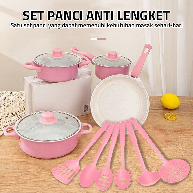NARU Set Panci dan Spatula Merah Muda 2193 - Wajan Penggorengan Spatula Set Frypan Saucepan