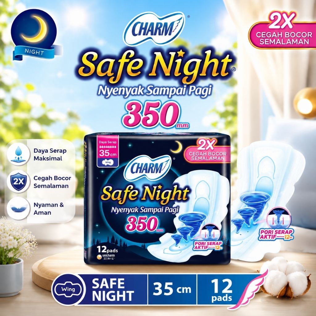 Pembalut Charm Safe Night 350 mm isi 12 pads